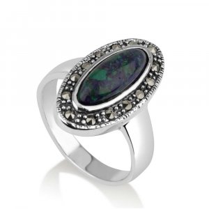 Oval Eilat Stone in Sterling Silver Ring with Marcasite Stones in Beaded Frame