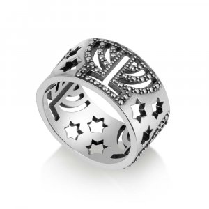 Ring of Sterling Silver with Cutout Stars of David and Glittering Menorahs