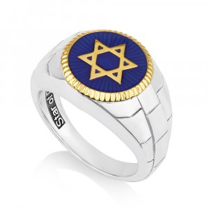 Man's Sterling Silver and Gold Plated Ring with Blue Enamel - Star of David