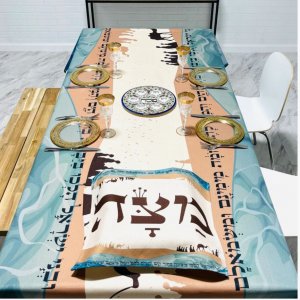 Colorful Passover Theme Ivory Tablecloth with Matching Matzah Cover