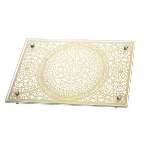 Tempered Glass Challah Board with Gold Mandala Design and Blessings - Dorit Judaica
