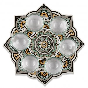 Raised Seder Plate with Bowls, Mustard Gray and Black Mandala - Dorit Judaica