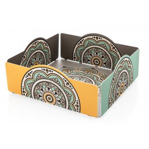 Matzah Tray with Mandala Design, Turquoise and Mustard - Dorit Judaica