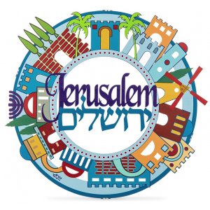 Colorful Jerusalem Images Wall Plaque, Hebrew and English - Dorit Judaica