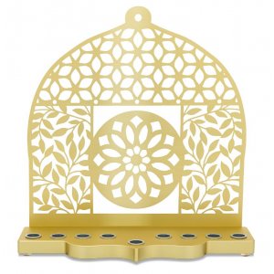 Gold Aluminum Chanukah Menorah, Leaves, Flowers and Mandala Design - Dorit Judaica