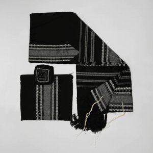 Gabrieli Handwoven Samuel Black Wool Tallit Set - White Stripes