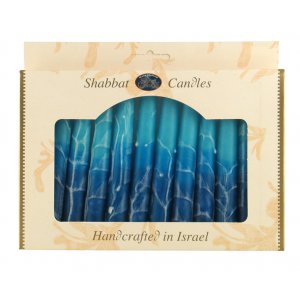 Handmade Decorative Galilee Shabbat Candles - Turquoise and Blue with Streaks