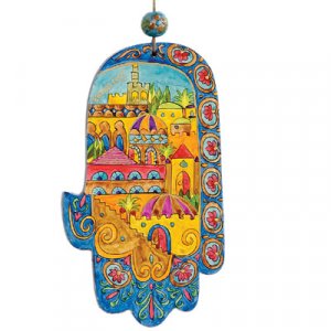 Hand Painted Wood Wall Hamsa, Oriental Jerusalem - Yair Emanuel