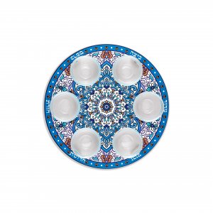 Seder Plate, Mandala Design with Glass Bowls - Blue and Orange - Dorit Judaica