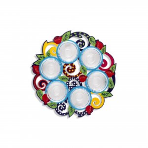 Raised Seder Plate with Colorful Leaves and Pomegranates - Dorit Judaica