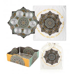 4 Pce Pesach Set: Seder Plate Matzah Tray Matzah Covers with Mandala - Dorit Judaica