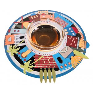 Honey Dish with Glass Bowl, Jerusalem in Lively Colors - Dorit Judaica