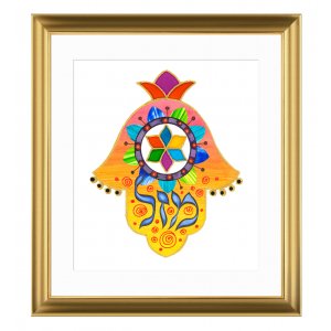Oriental Hamsa in Yellow with Mazal in Hebrew Framed Print, Dvora Black