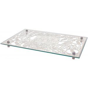 Tempered Glass Challah/Candlestick Tray, 7 Species of Israel Design - Dorit Judaica