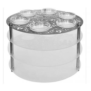 Laser Cut Three Tier Seder Plate with Cutout Pomegranates and Glass Bowls - Dorit Judaica