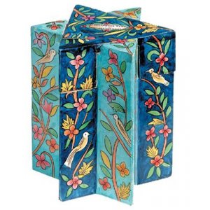 Star of David Wood Charity Tzedakah Box, Blue Floral Bird Design - Yair Emanuel