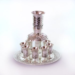 Silver Plated Wine Fountain, Tray with 8 Small Cups - Diamond Design