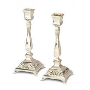 Raised Silver Plated Shabbat Candlesticks, Classic Engraved Design – Height 7.2"