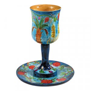 Hand-Painted Wood Stem Kiddush Cup and Saucer, Seven Species by Yair Emanuel