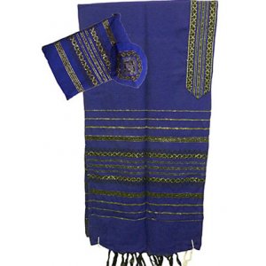 Handwoven Wool Royal Blue Prayer Shawl Set Black and Gold stripes - Gabrieli