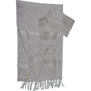Handwoven White Silk Tallit Set with Silver Stripes - Gabrieli
