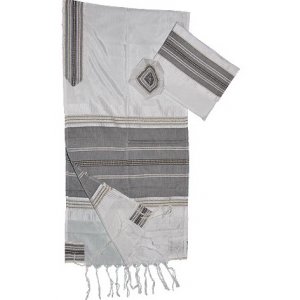 Handwoven White Silk Tallit Set with Black and Gold Stripes-Gabrieli