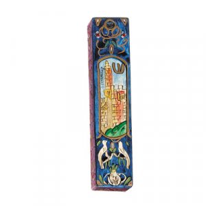 Large Hand Painted Wood Mezuzah Case, Tower of David on Blue - Yair Emanuel