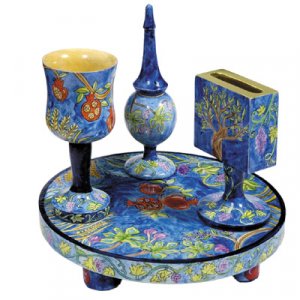 Hand Painted 4-Piece Blue Wood Havdalah Set, Seven Species - Yair Emanuel