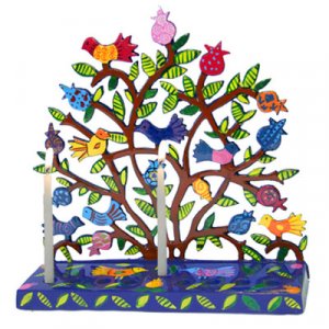 Hand Painted Laser Cut Hanukkah Menorah, Birds on Pomegranate Tree - Yair Emanuel