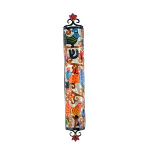 Hand Painted Colorful Laser Cut Metal Mezuzah Case, Birds - Yair Emanuel