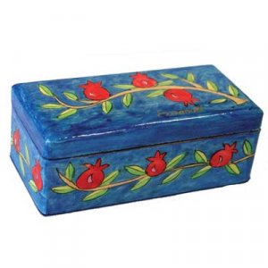 Hand Painted Travel Shabbat Candlesticks in Wood Box, Pomegranates - Yair Emanuel