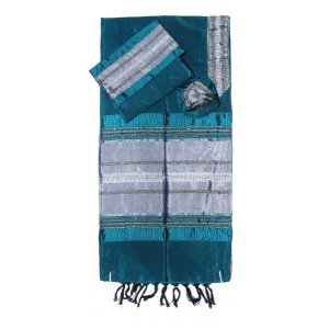 Handwoven Green Silk Tallit Prayer Shawl Set with Silver Stripes - Gabrieli