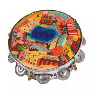 Hand Painted Leather Tambourine, Colorful Jerusalem Images - Yair Emanuel,