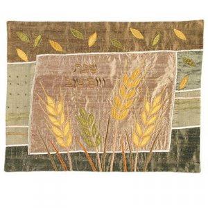 Raw Silk Challah Cover Embroidered Wheat Appliques, Gold - Yair Emanuel