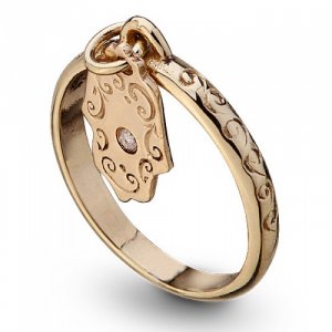 Gold Kabbalah Ring, Hanging Hamsa with Diamond for Protection - Ha'Ari