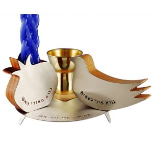 Pomegranate and Dove 4-Piece Havdalah Set - Brass Wood and Steel - Shraga Landesman