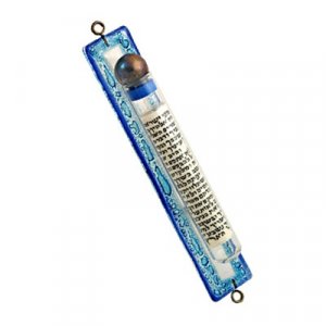 Blue Fused Glass Mezuzah Case with Scroll Decoration - Itay Mager
