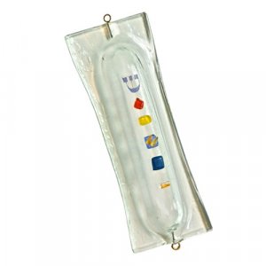 Fused Glass Mezuzah Case, Off White with Colored Glass Decorations - Itay Mager