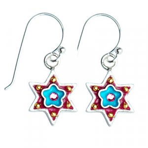 Red Star of David Earrings with Blue Heart - Ester Shahaf