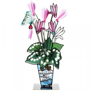 Hand Painted Flower and Buttefly in Vase with Base, Pink Cyclamens - Tzuki Art