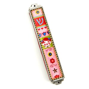 Hand Painted Pink Girls Mezuzah Case, Pewter Enamel Beaded - Iris Design