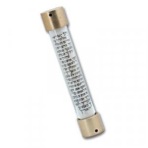 Mezuzah Case, Glass and Gold Aluminum with Decorative Printed Scroll - Laura Cowan