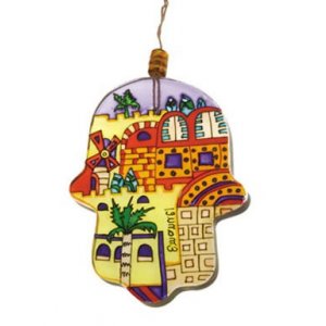 Glass Hamsa Wall Decoration, Hand Painted Contemporary Jerusalem - Yair Emanuel