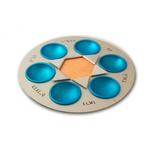 Turquoise and Silver Aluminum and Wood Star of David Seder Plate - by Shraga Landesman