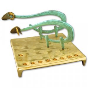 Square Base Brass Hanukkah Menorah Sheep and Ram by Shraga Landesman