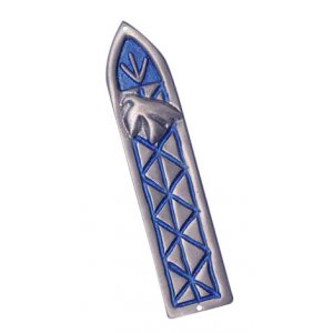Blue Mezuzah Case Dove, Shin and Criss-Cross Design - Aluminum by Shraga Landesman