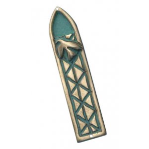 Peace Dove and Criss-Cross Design Blue Mezuzah Case - Brass by Shraga Landesman