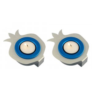 Pair Aluminum Pomegranate Candle Holders - Silver and Blue by Shraga Landesman