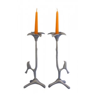Flower Shaped Candle Holders atop Slender Branch and Bird by Shraga Landesman