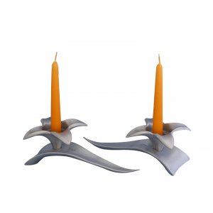 Flower Shaped Candle Holders on Leaf Base - Silver by Shraga Landesman